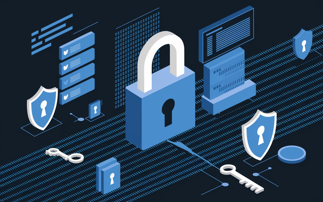 An abstract representation of data security in healthcare, illustrating a digital lock overlaying a matrix of binary code. The backdrop features a stylized medical environment with patient data elements and security icons like shields and keys, symbolizing HIPAA compliance and patient privacy. The image conveys a sense of safety and innovation, using a cool color palette.