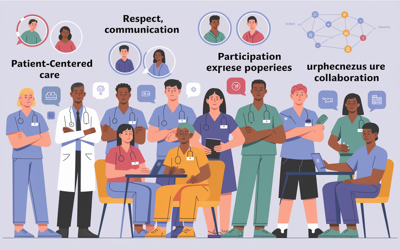 A conceptual illustration representing the key principles of patient-centered care, highlighting respect, communication, participation, and collaboration. The scene shows a healthcare team engaged in a discussion with diverse patients, emphasizing a collaborative and empathetic approach. Various patients express their preferences in a welcoming, modern clinic setting, with visual cues like charts and network diagrams to symbolize the care process.