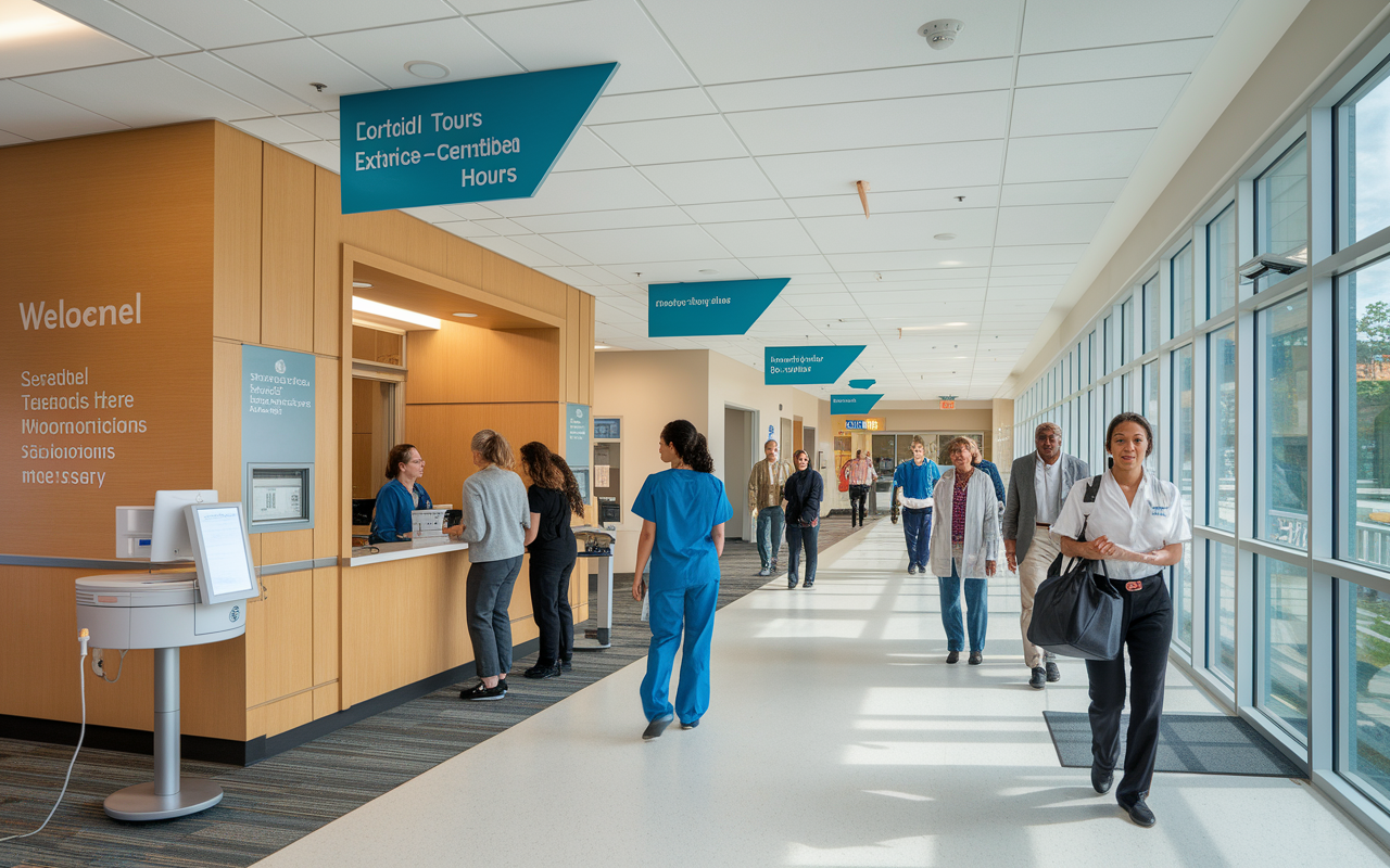 A busy healthcare practice showcasing various access points for patients, including a welcoming lobby, a telehealth station, and healthcare personnel assisting patients with transportation options. The scene is bright, with a sense of activity and care, emphasizing accessibility and support for individuals with diverse needs. Include signage indicating extended hours and welcoming communications to reflect the service-centric model.