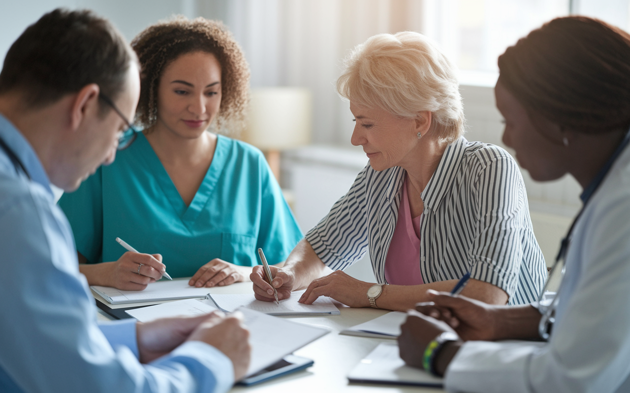 An engaging scene illustrating patients filling out feedback surveys and participating in a focus group at a healthcare clinic. The environment is collaborative, with healthcare providers actively listening and taking notes. Soft lighting enhances the inviting atmosphere, highlighting the importance of patient feedback in optimizing care and ensuring satisfaction.
