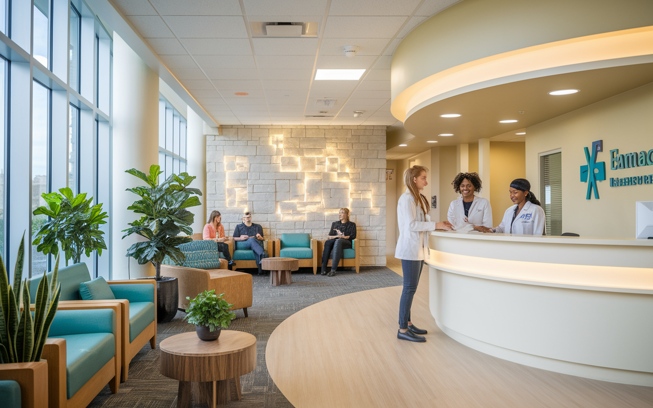 A beautifully designed healthcare waiting area that exudes warmth and comfort, featuring cozy seating, indoor plants, and soft lighting. There should be clear signage and friendly front desk staff assisting patients with smiles. Show patients interacting with staff, reflecting an inviting atmosphere conducive to open communication and care.
