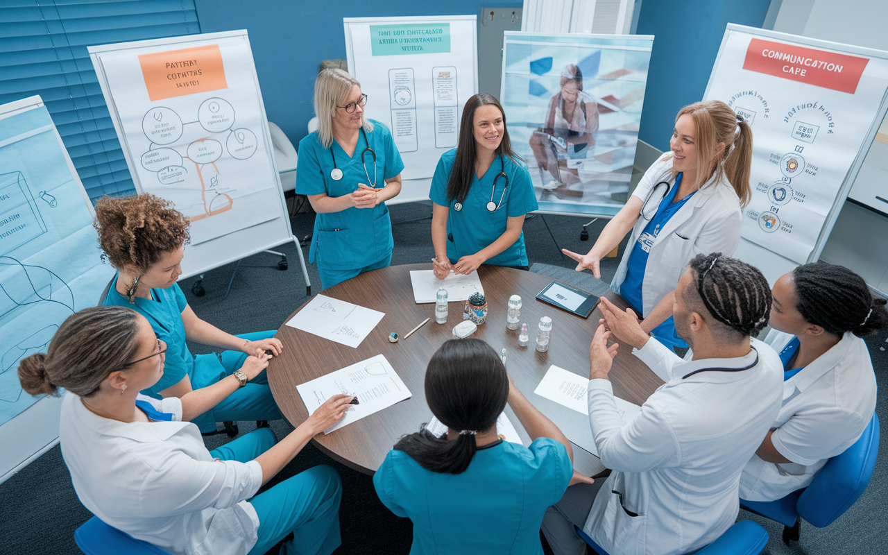 A dynamic workshop scene in a healthcare training room, where staff members engage in interactive training on patient-centric practices. The setting is filled with visuals like charts and role-play scenarios, with participants actively discussing and practicing communication strategies. The atmosphere is enthusiastic and collaborative, promoting a strong team culture dedicated to improving patient care.