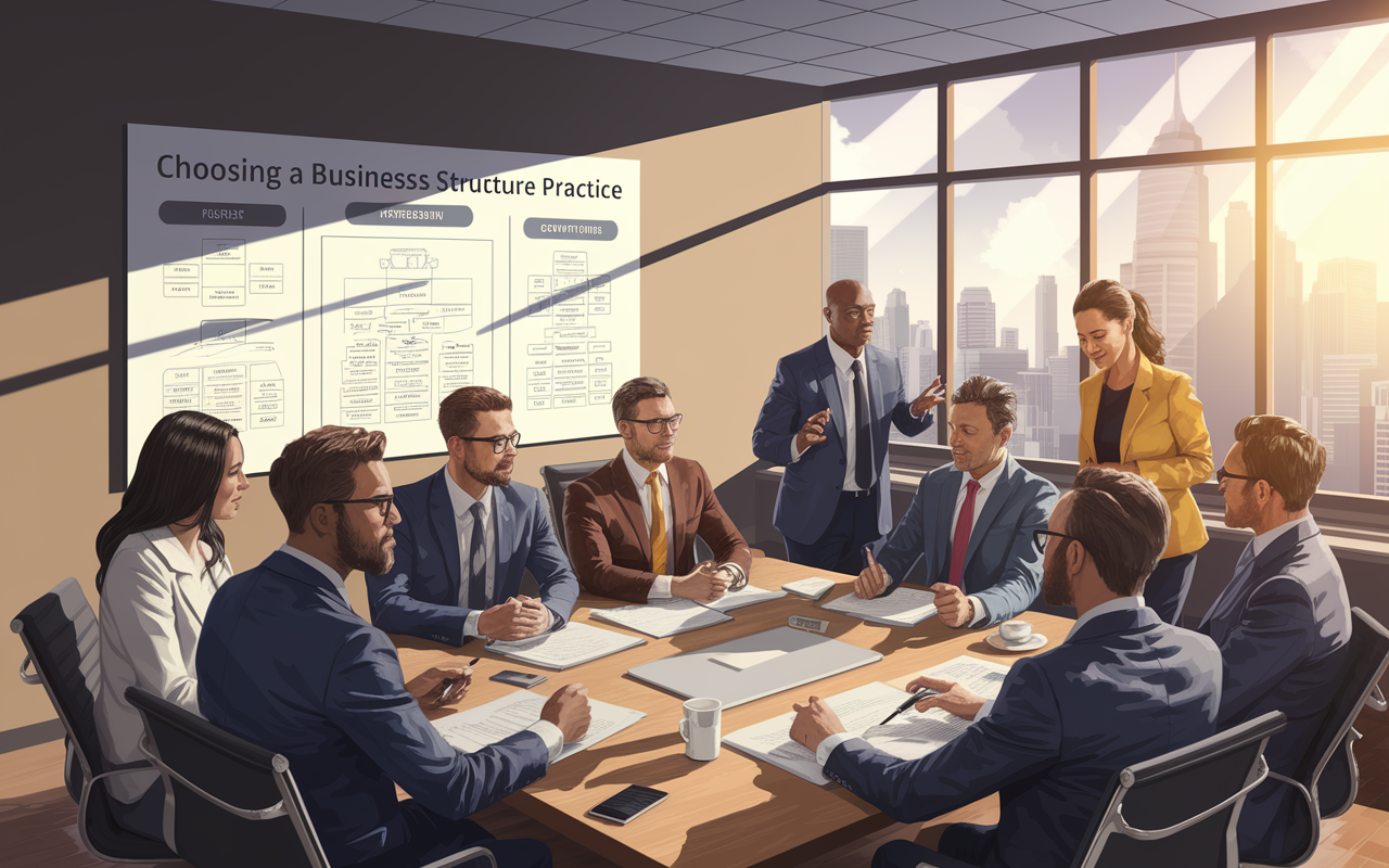 A diverse group of professionals gathered around a conference table, deep in discussion about choosing a business structure for private practice. A whiteboard filled with diagrams illustrating Sole Proprietorship, LLC, and Corporation options is visible. The atmosphere is collaborative, with engaged expressions on faces. The modern office is well-lit with sunlight pouring in through large windows, conveying a sense of opportunity and determination. Digital painting style to emphasize the dynamic interaction.