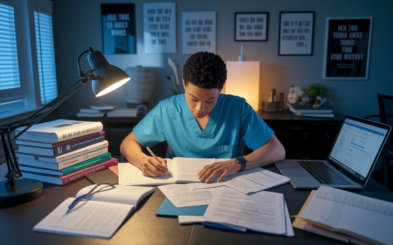 A focused medical professional studying for board examinations in a quiet study room filled with textbooks and notes. A desk covered with medical study materials, a laptop displaying an online exam portal, and motivational quotes on the walls. The soft glow of a desk lamp illuminates the dense paperwork. A sense of commitment and intensity in the environment is captured through the use of warm lighting and realistic details.