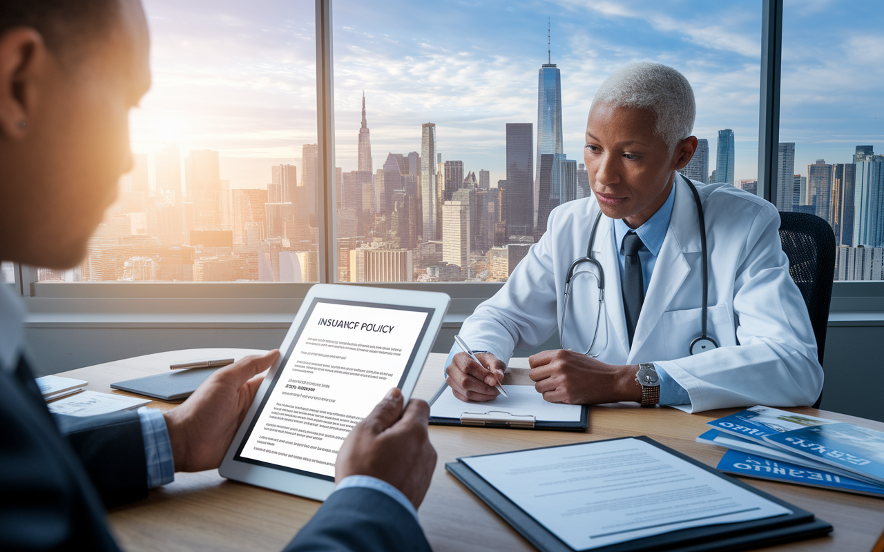 A healthcare professional discusses insurance options with a broker in a modern office setting. The broker is showing a detailed insurance policy document on a tablet, while the doctor takes notes, a visible look of consideration on their face. Surrounding them are insurance brochures and a large window showcasing an urban skyline, symbolizing growth and protection. The image is rendered in a realistic manner, capturing the essence of responsible decision-making.