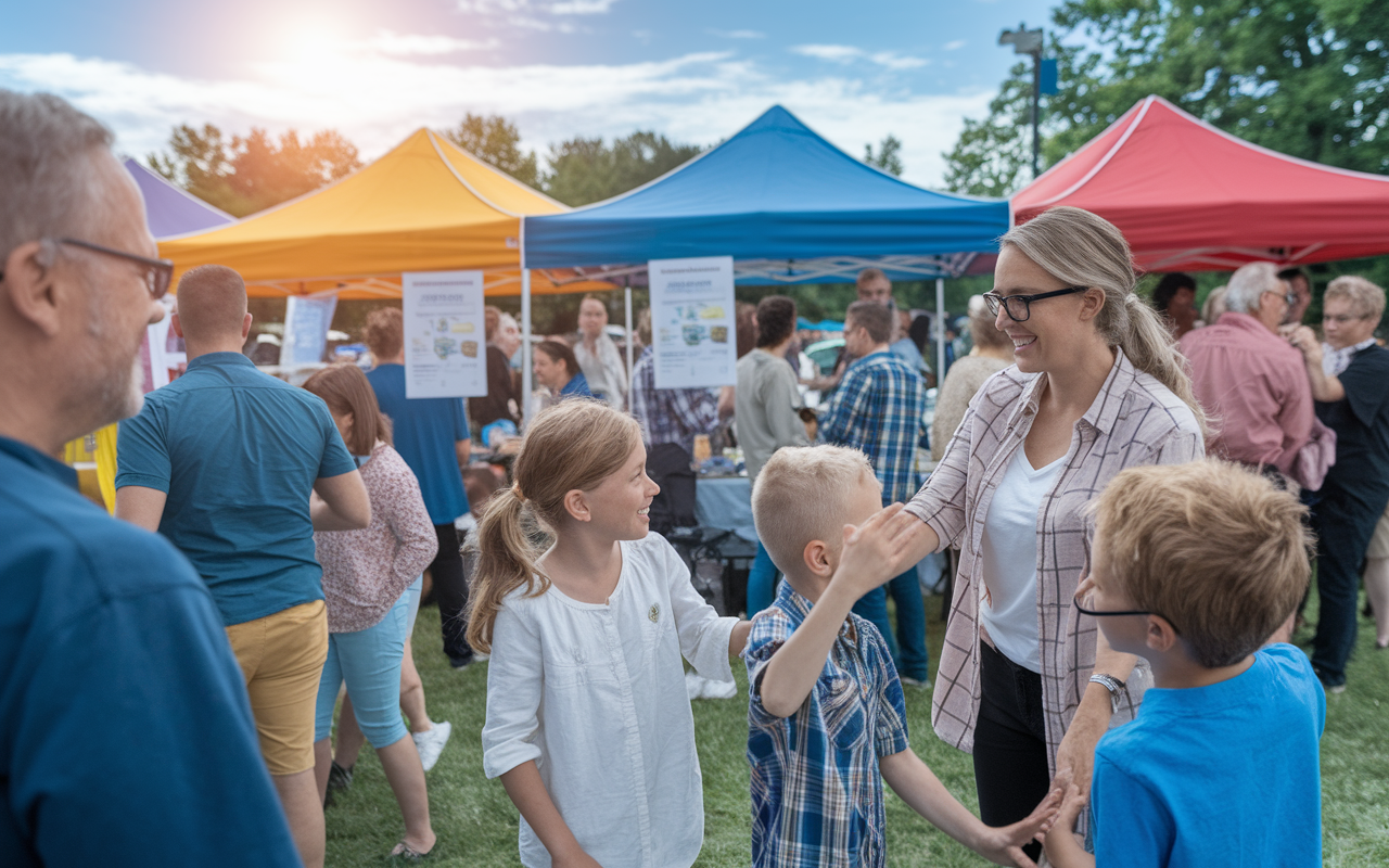 A bustling community health fair scene where a new practice owner offers free health screenings, surrounded by families and children, engaging in friendly conversations. Colorful tents, health posters, and an enthusiastic crowd under a sunny sky, indicating a lively atmosphere of community support.