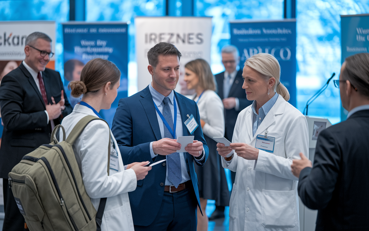 A professional medical conference setting with a new practice owner interacting with other healthcare providers, exchanging business cards. Well-dressed attendees engaged in discussions, banner displays showcasing the association, and a speaker presenting in the background. Bright, focused lighting emphasizing a professional atmosphere.