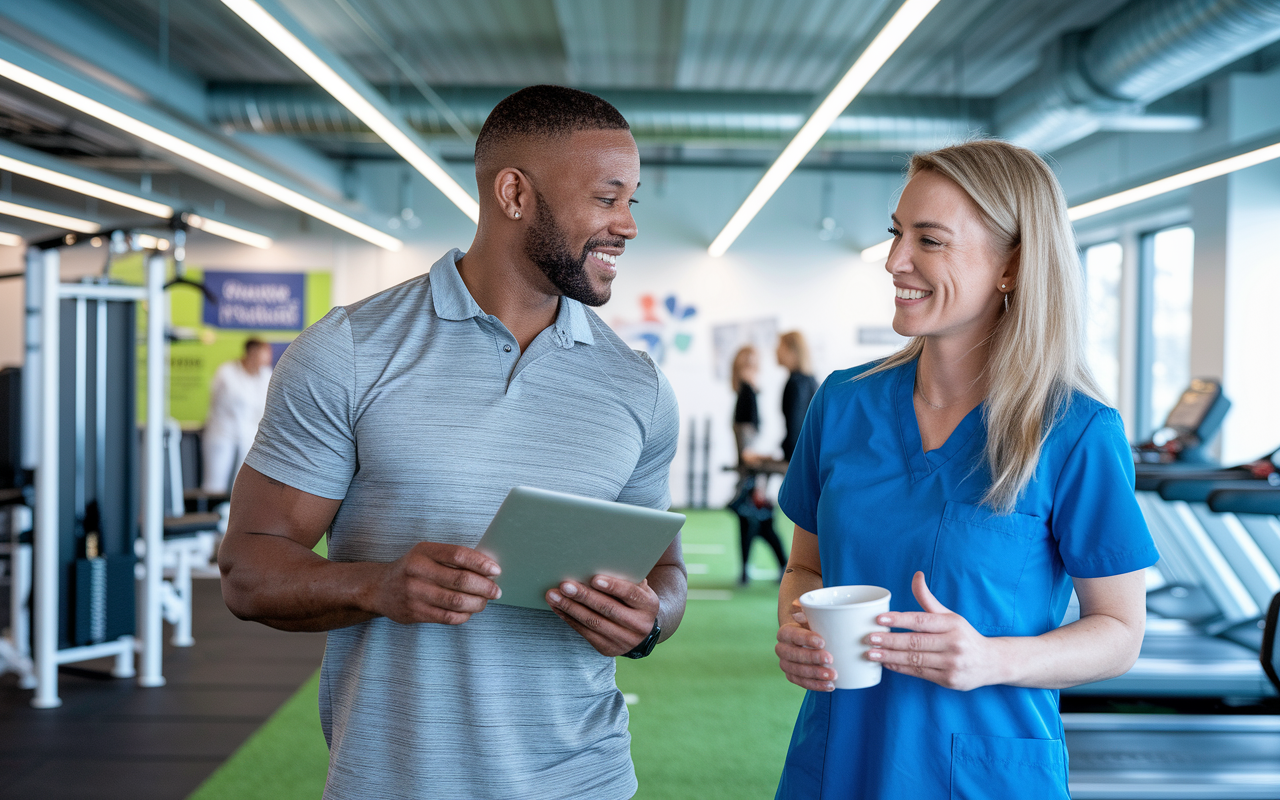 A new practice owner in a modern gym office setting, discussing collaboration on wellness programs with a gym owner. Both smiling and engaged, with fitness equipment and healthy posters around, symbolizing a joint effort in community health promotion.