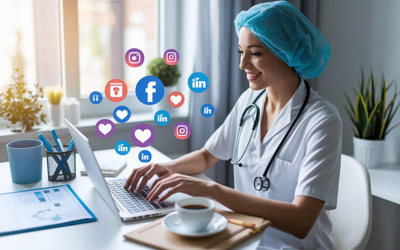 A medical professional engaged in networking on social media using a laptop, surrounded by health-themed decorations and a cup of coffee. Bright, inviting workspace with social media icons and health posts on the screen, symbolizing modern professional engagement.