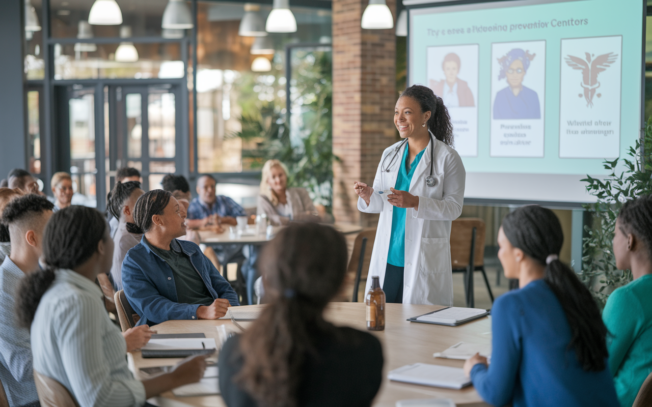 A passionate medical professional presenting an educational seminar in a community center, engaging with a diverse audience. Attendees attentive, taking notes, with a projector displaying information about preventive care, in a well-lit, welcoming atmosphere.