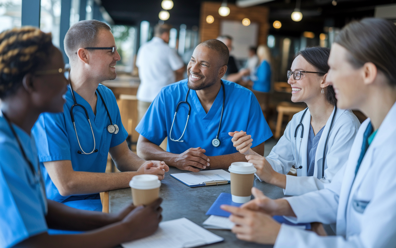 A group of healthcare providers in a casual meeting at a coffee shop, discussing patient care and sharing referrals. Diverse professionals, friendly body language, with coffee cups and medical literature on the table, creating a collaborative environment.