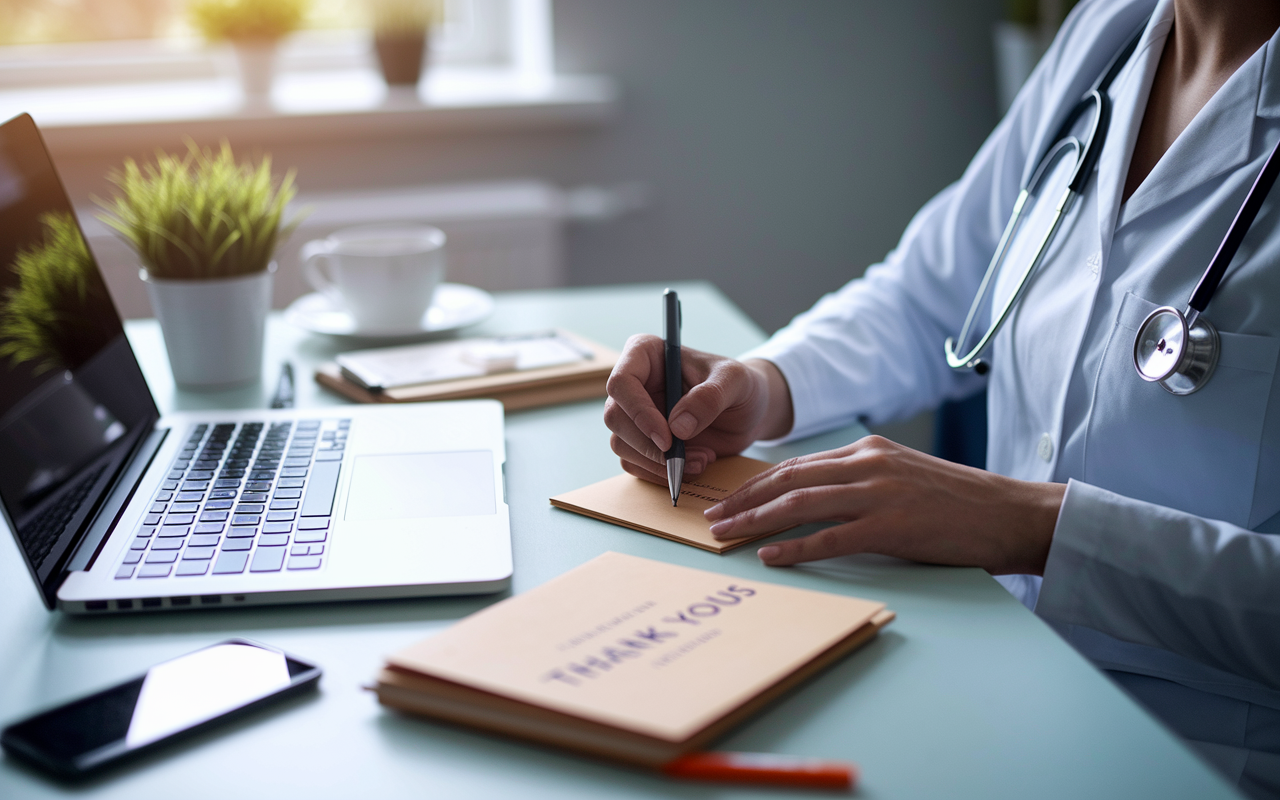 A medical professional writing personalized thank you notes at a desk, with a laptop open featuring a digital address book. Soft lighting creating an inviting atmosphere, emphasizing the importance of gratitude and connectivity.