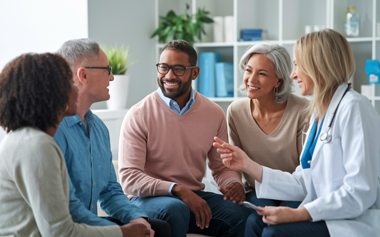 A thriving medical practice scene showing a diverse group of community members receiving care and advice from a friendly medical team. Warm, inviting clinic interior, with smiling patients, showcasing success through strong community connections and support.