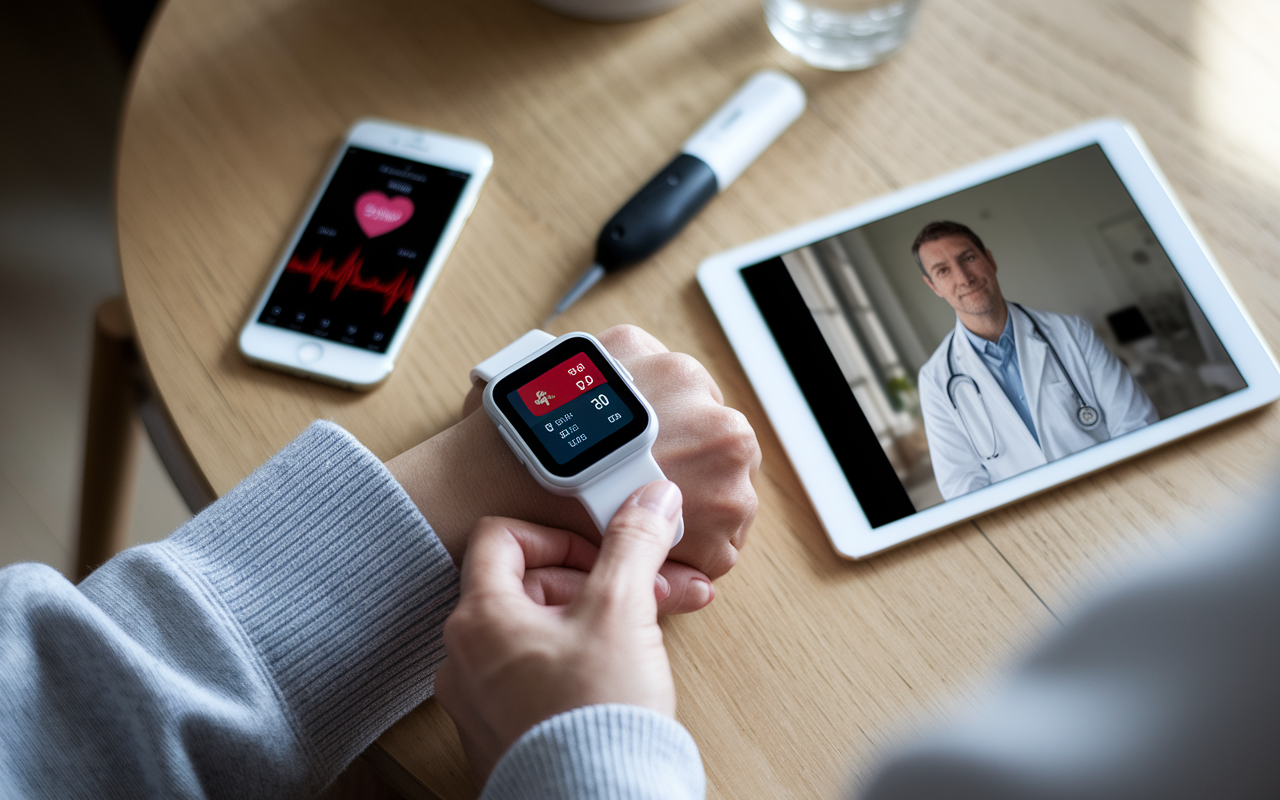 A visual representation of telemedicine technology featuring a patient using a wearable health device that monitors heart rate and blood glucose levels in a comfortable home environment. The scene also includes a smartphone displaying a health app, a tablet with a doctor’s video call, and a serene indoor setting that emphasizes privacy and comfort. Soft natural light illuminates the scene, highlighting the interaction between technology and patient care.