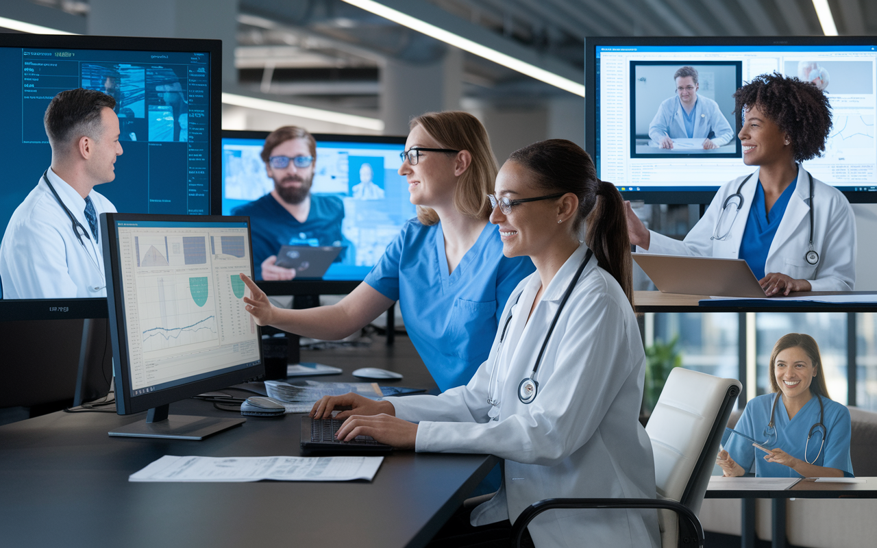 A collage of diverse telemedicine professionals, including a telehealth physician, telehealth nurse, and health informatics specialist, collaborating via virtual platforms in a sleek, modern office setting. Multiple screens display charts and patient data while showing virtual interactions with patients. Bright, modern lighting and a contemporary workspace illustrate the efficiency and adaptability of telemedicine careers.