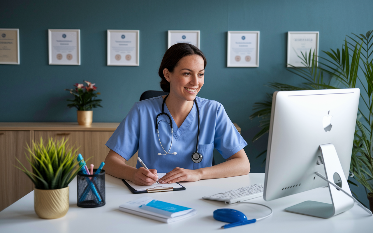 A dedicated telehealth nurse in scrubs, seated at a modern desk adorned with a computer and telecommunication devices, engaged in a video consultation. The nurse is attentively listening while taking notes, filled with compassion and professionalism. The background features a calming wall with medical certifications and plants for a warm touch. The lighting is bright and inviting, reflecting a focused and caring atmosphere.