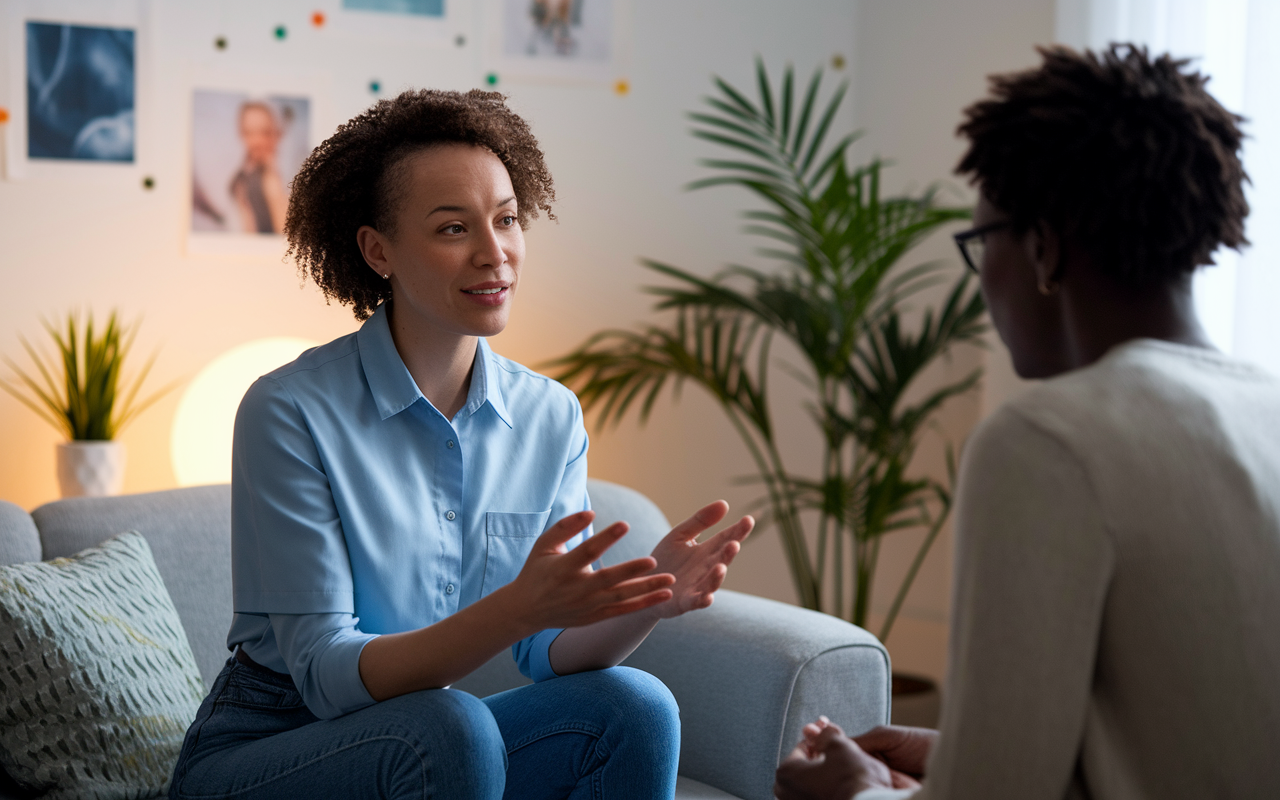 An empathetic telebehavioral health specialist in a softly lit room, conducting a video therapy session with a patient. The atmosphere is soothing, decorated with calming art and plants. The specialist appears engaged and responsive, guiding the patient through mental health discussions. Gentle lighting enhances the feeling of comfort and trust, creating a safe space for conversation.