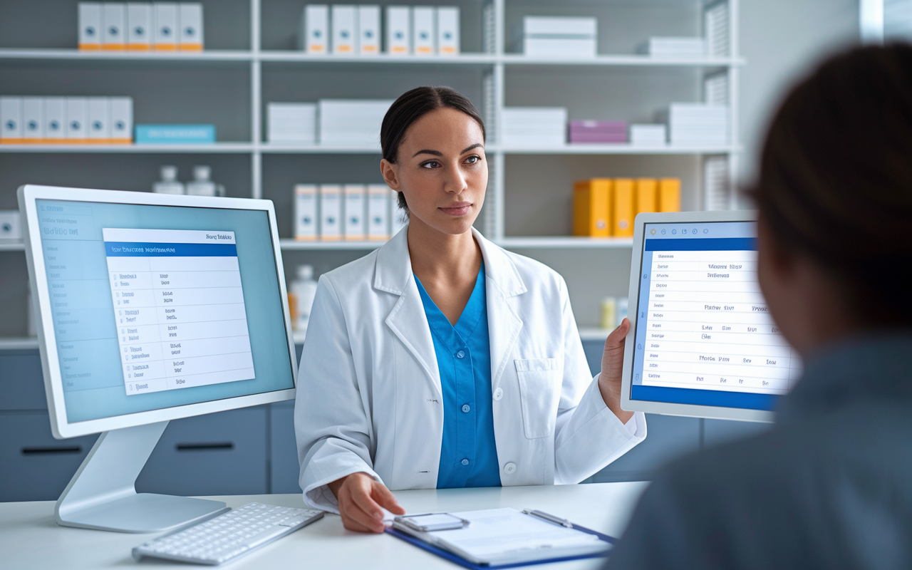 A professional telehealth pharmacist in a modern office space, consulting with a patient through a virtual screen. The pharmacist looks attentive while displaying prescription information on another screen. The background is organized with pharmaceutical references and educational materials. Bright, welcoming lighting reflects clarity and professionalism, emphasizing the importance of medication management.