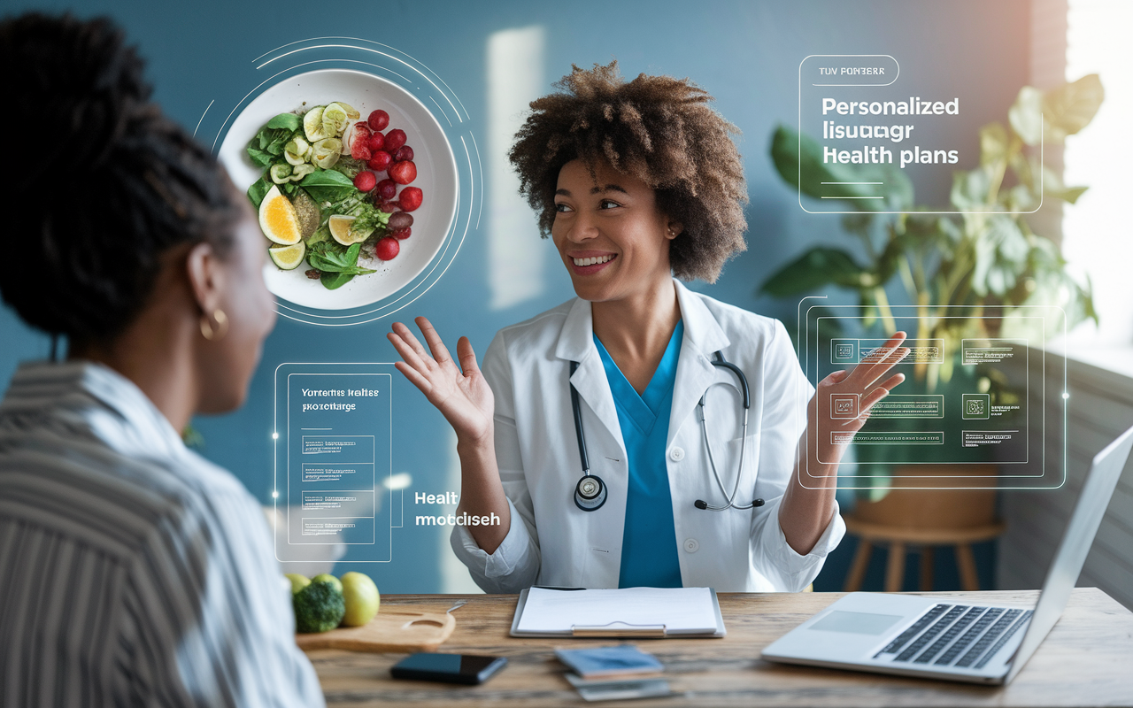 An enthusiastic remote health coach engaged in a video call with a patient, surrounded by motivational health materials and a healthy meal visual in the background. The coach is animatedly discussing lifestyle changes, with dynamic visuals on screen displaying personalized health plans. Soft, natural lighting creates an upbeat and supportive atmosphere, fostering encouragement and motivation.