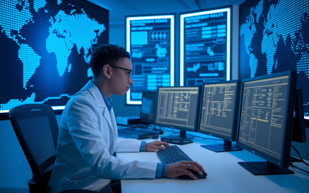 A telehealth IT specialist focused on optimizing technology for healthcare, sitting in a tech-filled workspace with multiple screens displaying telehealth software. The person is troubleshooting an issue with concentration, representing a crucial support role. The environment has a modern, high-tech vibe, featuring global digital maps and data streams illuminated by blue LED lights, emphasizing the integration of technology in healthcare.