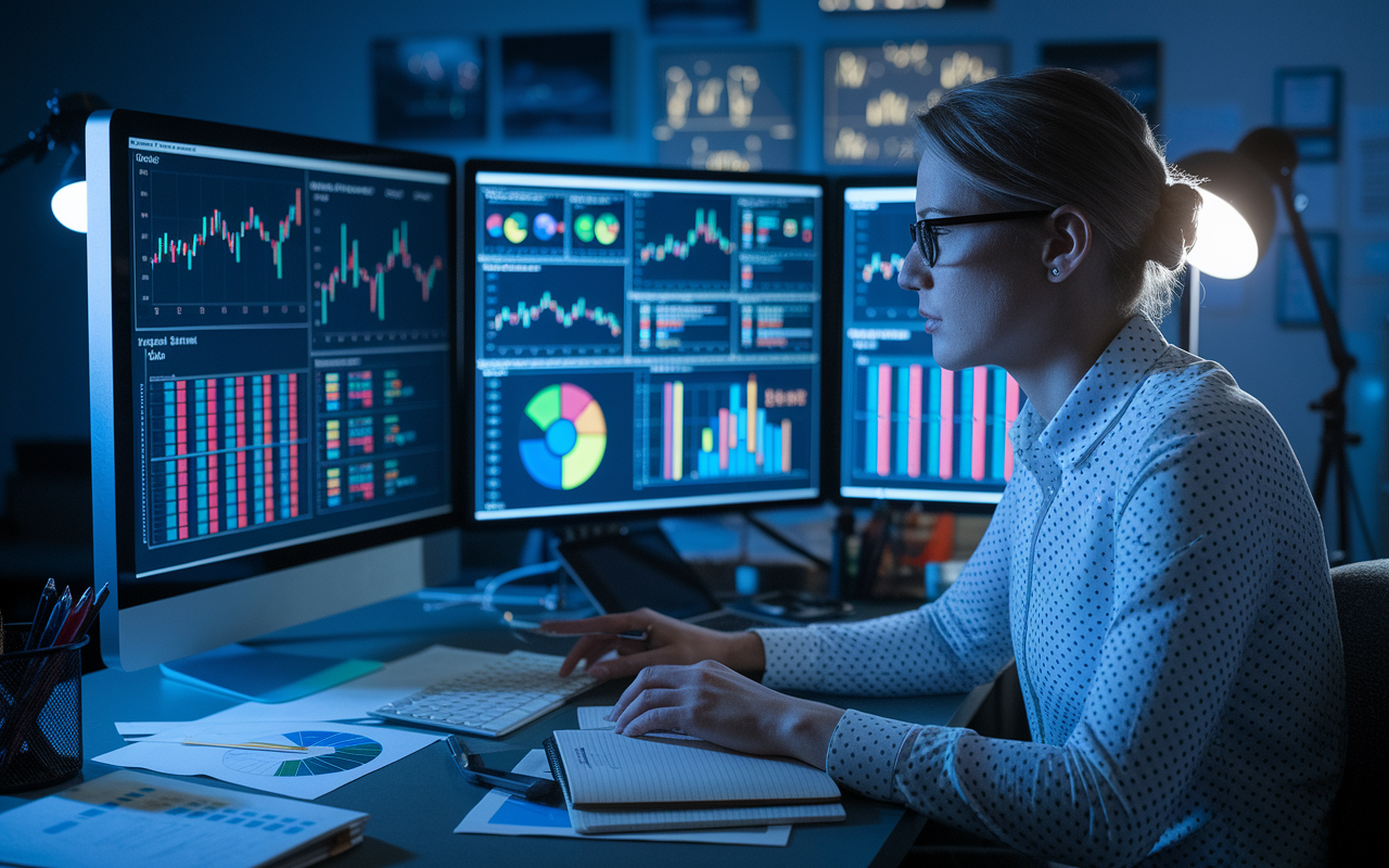 A focused telehealth data analyst at a desk, analyzing complex patient data on multiple screens with colorful graphs and metrics. The atmosphere is analytical and professional, with dimmed lighting that creates a serious, focused mood. Documents and a notebook are scattered, showing the depth of their research. Screens glow with data visualizations indicating trends in patient care and service improvement.