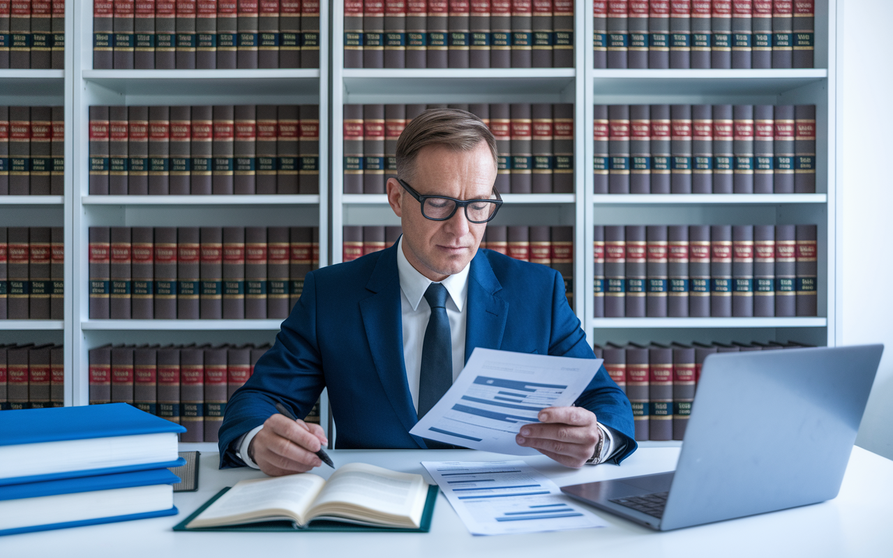 A diligent telehealth compliance officer reviewing regulations and guidelines, seated at a desk with compliance documents and a laptop. The room is filled with bookshelves of legal texts and telehealth compliance materials. A clear, well-lit environment shows a sense of seriousness and responsibility, highlighting the necessity of adhering to legal standards in telehealth.