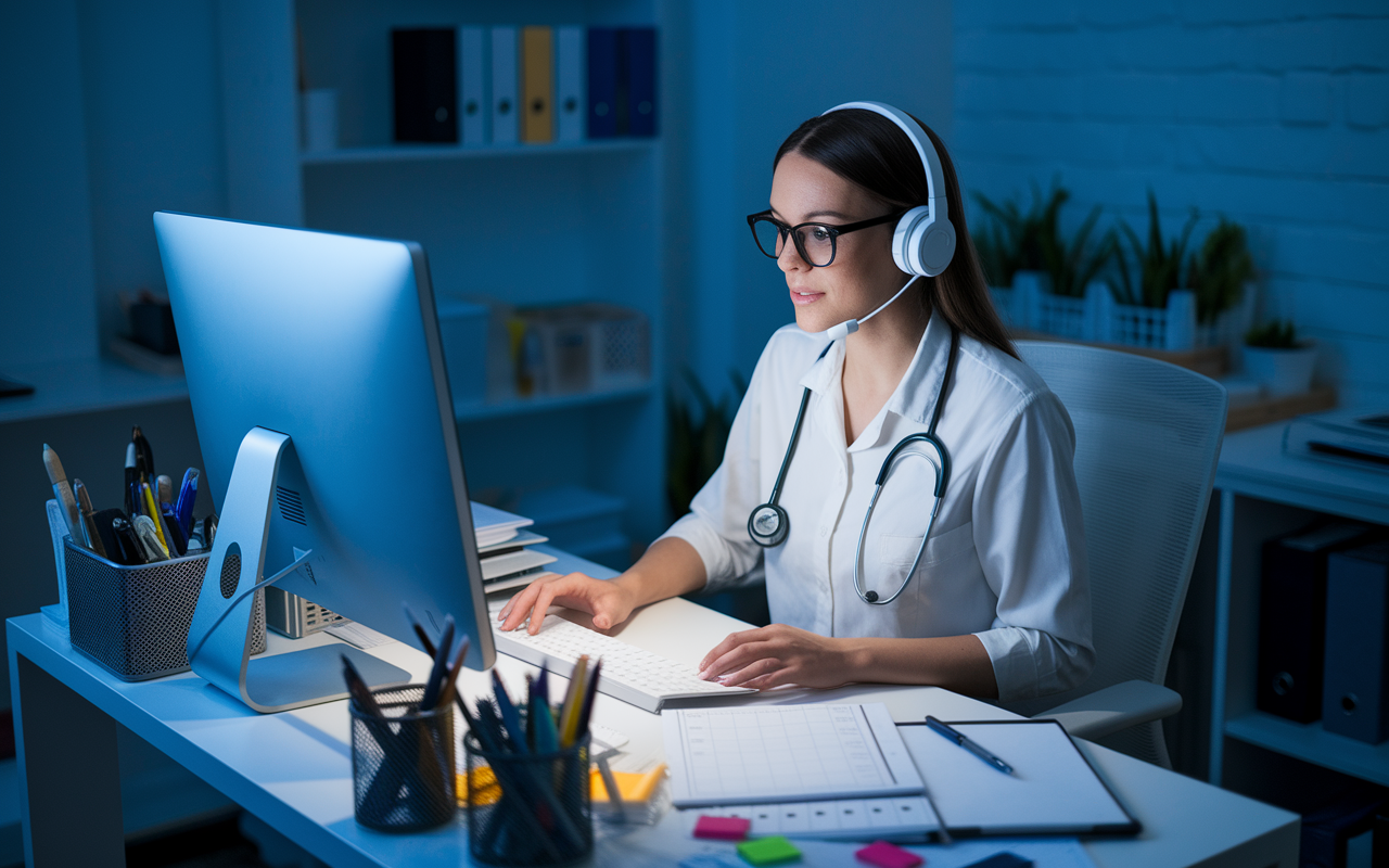 A telehealth administrative coordinator managing schedules and data entry on a computer, surrounded by organized office supplies and calendar notes. The ambiance is orderly and efficient, representing smooth operations in telehealth services. Soft lighting keeps the atmosphere focused and organized, emphasizing the importance of coordination in providing seamless healthcare.