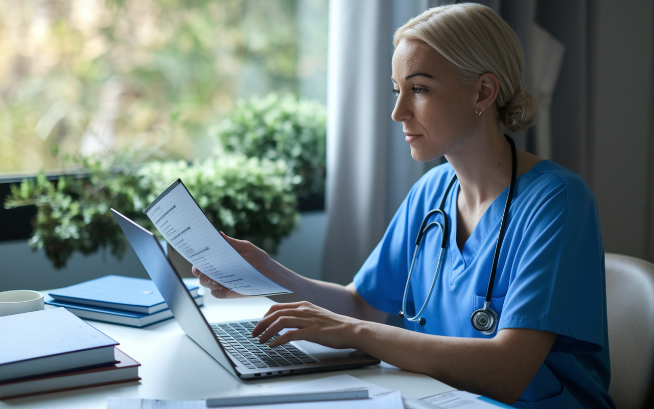 A healthcare professional sitting at a desk with a laptop open, reviewing a skills assessment checklist. The setting is a sleek, modern workspace, filled with medical books and a cup of coffee. Soft natural light filters through a window showcasing greenery outside, promoting a sense of calm and focus. The individual looks contemplative, exuding determination as they prepare for a transition into telemedicine, highlighting skills like clinical expertise and digital proficiency.