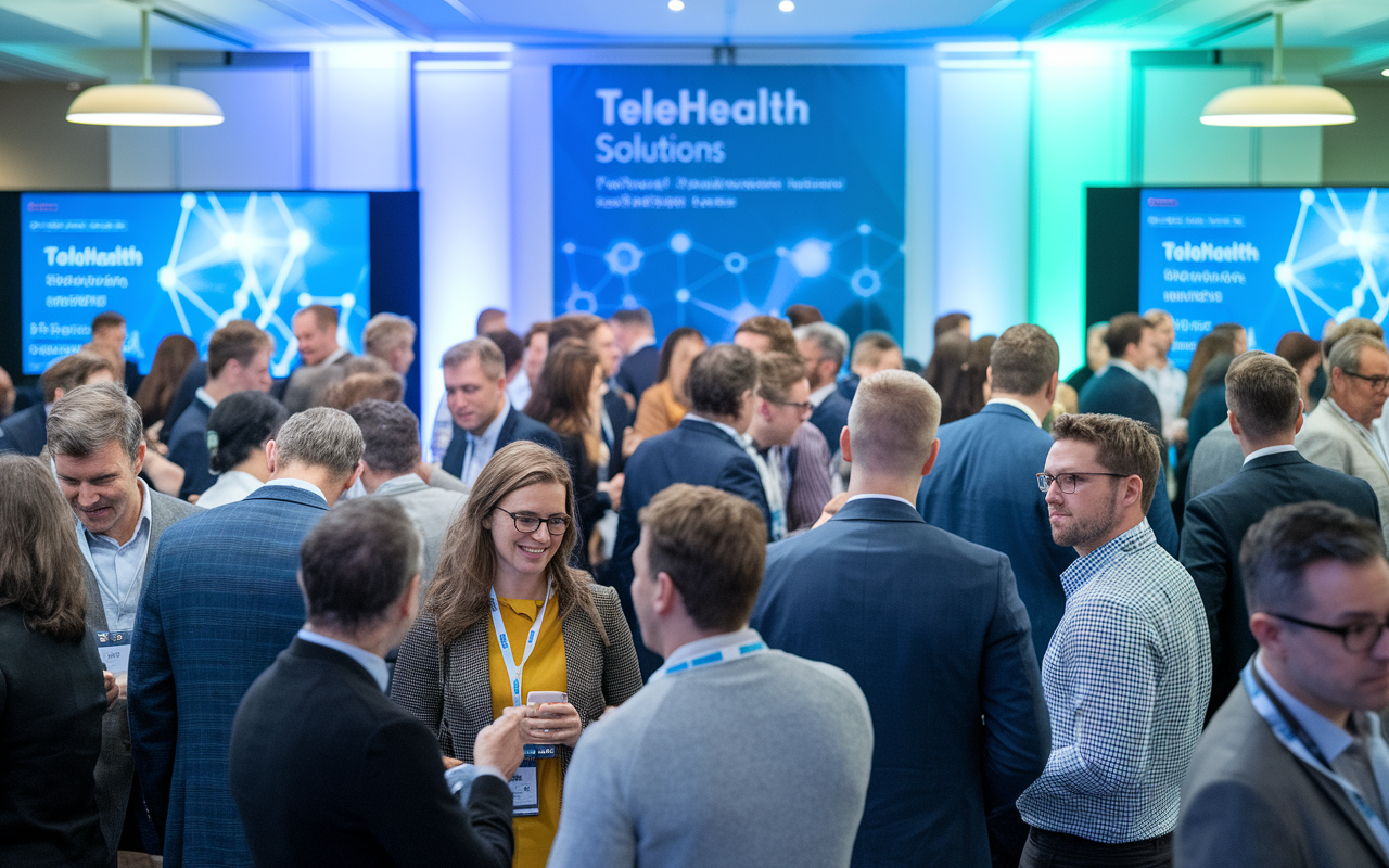 A vibrant telehealth networking event happening in a conference room filled with professionals engaged in discussion. Attendees are wearing business casual attire, and digital screens display telehealth innovations. The atmosphere is lively with a mix of excitement and professionalism, soft lighting creating an inviting ambiance. A banner promoting telehealth solutions hangs in the background, symbolizing collaboration and connection in the field of telemedicine.