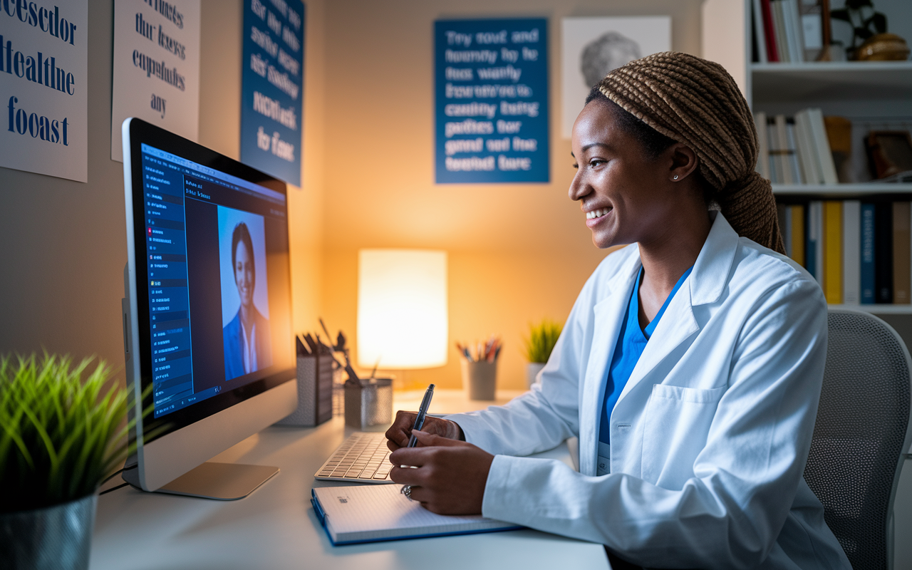 A telehealth provider engaged in a digital consultation, sitting at a home office desk with a warm smile on their face. The screen in front shows a patient's profile, while a notepad and pen are ready for taking notes. The background is decorated with motivational healthcare posters, and a soft lamp provides warm lighting, creating a friendly, approachable atmosphere. This conveys the personal connection that defines successful telemedicine interactions.