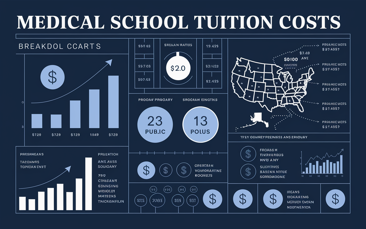 An infographic-style illustration depicting the breakdown of medical school tuition costs. Include visual elements like charts showing differences in costs for public vs. private schools, a map highlighting regions with varying tuition rates, and symbols representing program lengths. Use a professional and informative style, with a color palette of navy blue and white to convey seriousness and clarity.