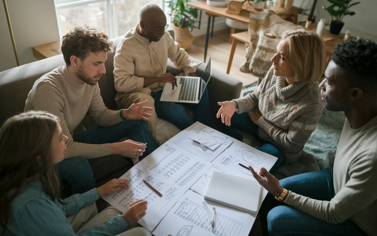 A family gathering in a cozy living room, discussing financial planning for medical school. The scene shows a large notepad with sketches and calculations, a laptop open displaying a budgeting app, and family members of different ages engaged in conversation. Soft ambient light creates a homey atmosphere, indicating teamwork and support in tackling financial planning challenges.