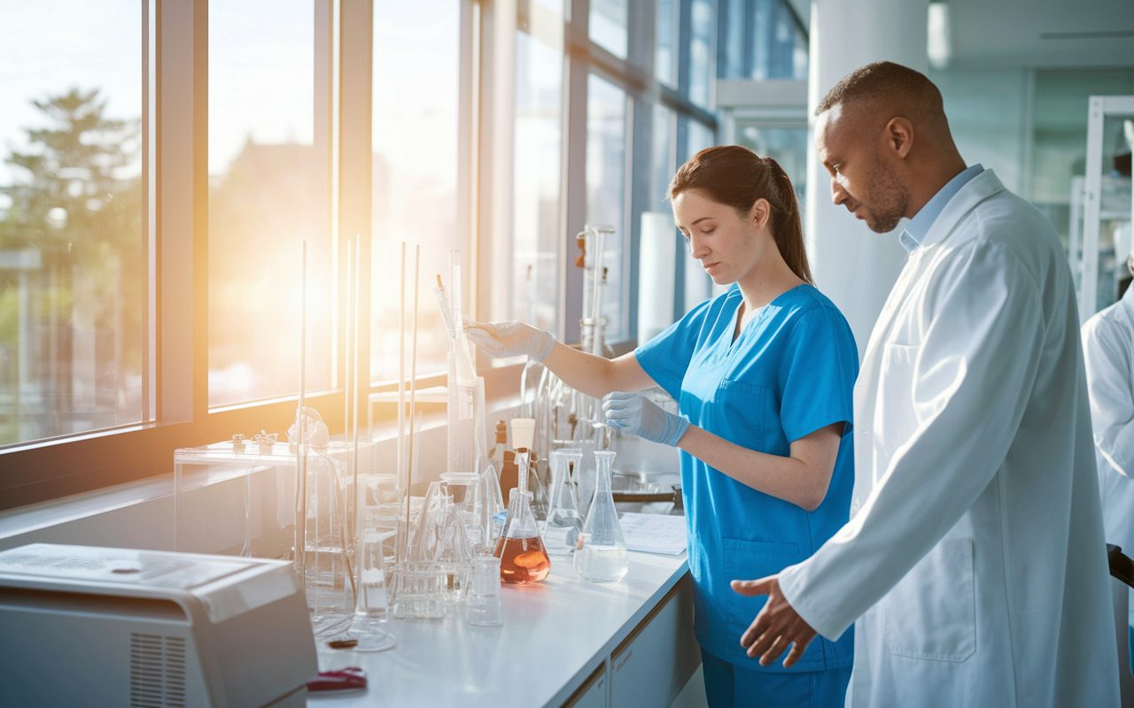 A medical student dressed in scrubs working part-time as a research assistant in a bright laboratory filled with scientific equipment. The student is engaged in an experiment, while the lab supervisor provides guidance. Natural sunlight filters through the windows, creating a vibrant atmosphere of learning and productivity.