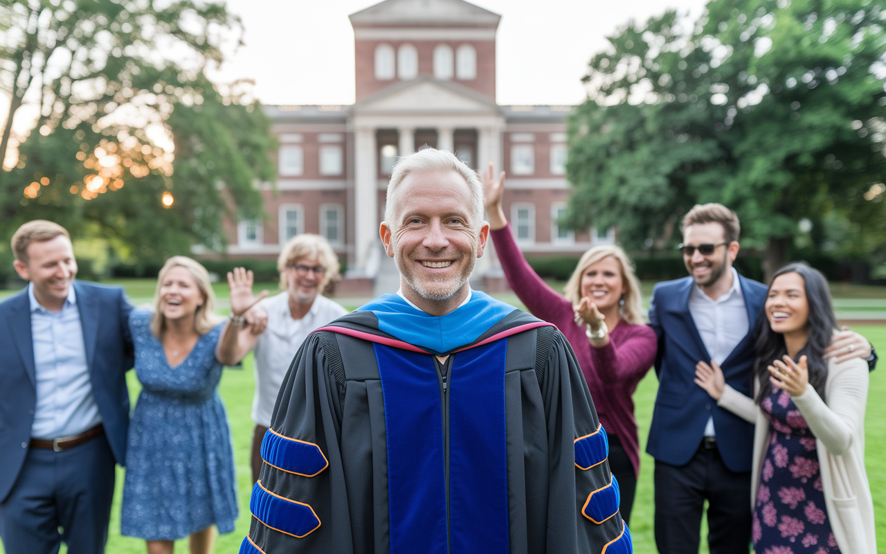 An older medical student in graduation robes standing proudly on a campus, surrounded by family and friends who are celebrating. The backdrop features a historic medical school building bathed in golden sunset light, symbolizing achievement and new beginnings. Emotions of joy, pride, and relief are palpable, conveying a sense of accomplishment following hard work and perseverance.