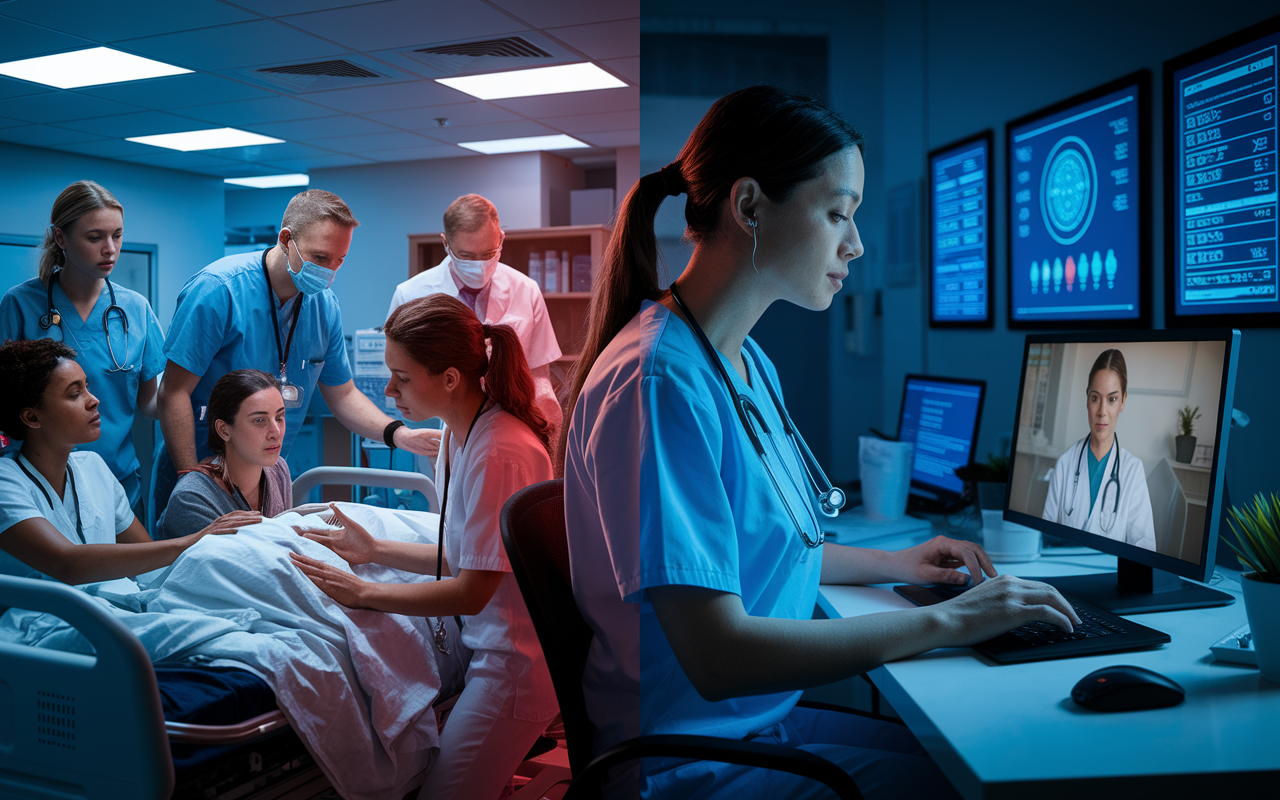 A split scene showcasing healthcare professionals adapting to telemedicine during the pandemic. On one side, overwhelmed staff in a busy hospital with patients, while on the other, a calm, organized telehealth nurse conducting a video consultation from a home office. The ambiance depicts urgent yet hopeful colors, with digital screens in the background displaying health metrics and patient information, symbolizing the transition from traditional care to remote consultations.