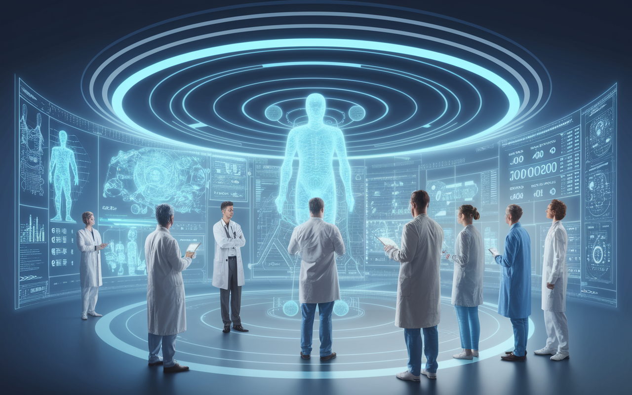 A visionary concept of telemedicine's future, featuring AI-enhanced healthcare interactions. Doctors and patients engage in virtual consultations with AI avatars assisting in diagnosis and treatment suggestions, surrounded by holographic displays of medical data and health metrics. The environment is sleek and ultramodern, showcasing the seamless integration of technology in healthcare with bright, uplifting colors and an optimistic atmosphere.