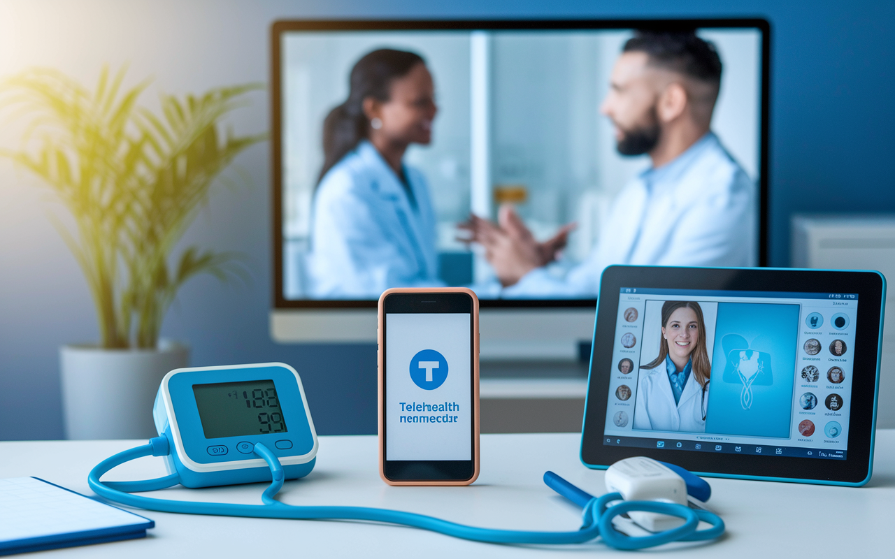 A collage of diverse telemedicine tools and technologies including a smartphone displaying a telehealth app, a Bluetooth connected blood pressure monitor, and an electronic tablet with EHR software. The background features a blurred image of a healthcare professional consultatively engaging with a patient through video on a large monitor. The scene is well-lit with a modern and clean aesthetic, reflecting the cutting-edge nature of telehealth.