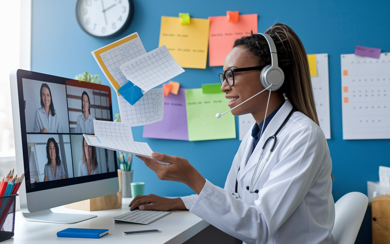 A busy telehealth professional juggling multiple virtual consultations on a computer screen, with colorful calendars and reminders in the background. The workspace is vibrant and organized, showcasing a productive atmosphere. A wall clock indicates the time, signifying the professional's effective time management. The professional is engaged on a video call, displaying concentration and compassion, reflecting the importance of scheduling in telemedicine.