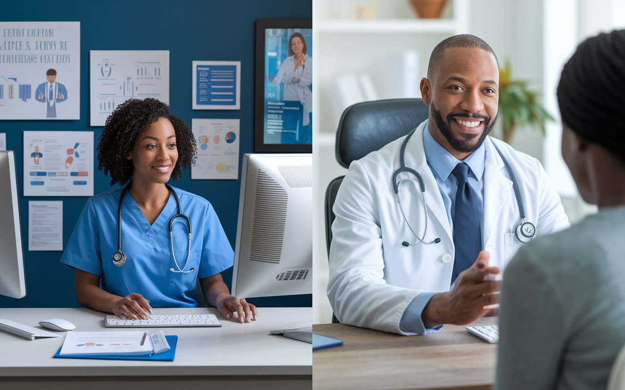 A two-part scene depicting two healthcare professionals in their telemedicine settings. On the left, Julia, a telehealth nurse, manages patient consultations effectively with her computer setup filled with list charts and reminders, radiating organized professionalism. On the right, Dr. Mike, a compassionate physician, is engaged with a patient on a video call, displaying empathy in his expression and body language. Both settings illustrate the importance of effective practices in telehealth.