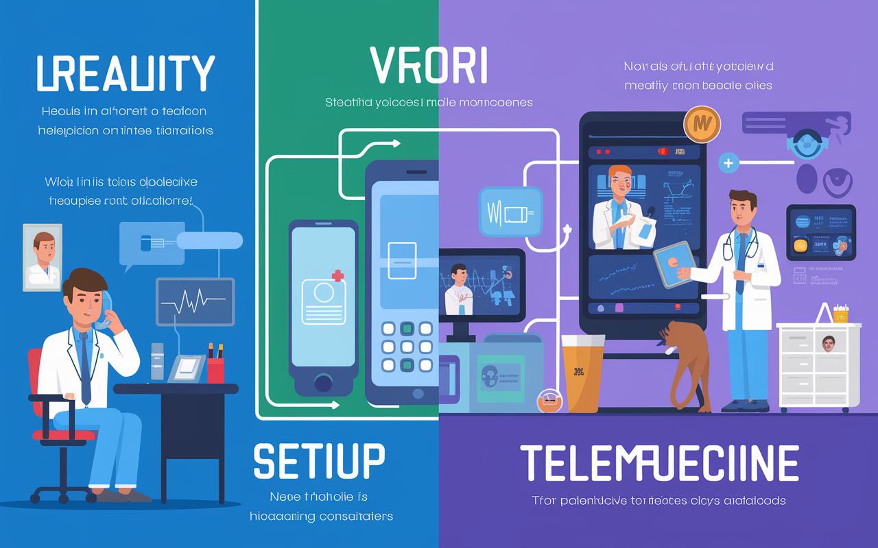 An infographic style depiction illustrating the evolution of telemedicine from basic telephone calls to advanced virtual reality consultations. The left side shows a physician on the phone in a simple office setup from the early days of telemedicine. Transitioning to the right, depict modern technologies like mobile apps, video conferencing on large interactive screens, and wearable health monitoring devices. Vibrant colors with clear icons and labels highlight the technological advancements in healthcare. Bright, engaging layout.