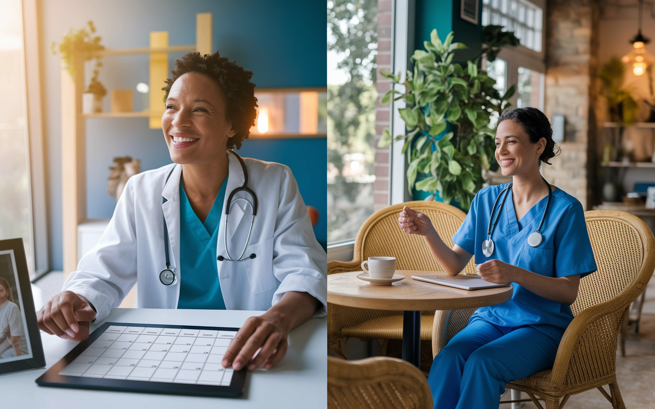 A split-screen image depicting two healthcare professionals in telemedicine. On one side, a physician sets their schedule on a digital calendar, looking relaxed and happy, with a family picture on their desk. On the other side, a nurse conducts a video consultation from a cozy café, showcasing geographical flexibility. Soft, natural lighting and vivid colors to invoke a sense of comfort and freedom. The ambiance reflects a seamless blend of work and personal life.