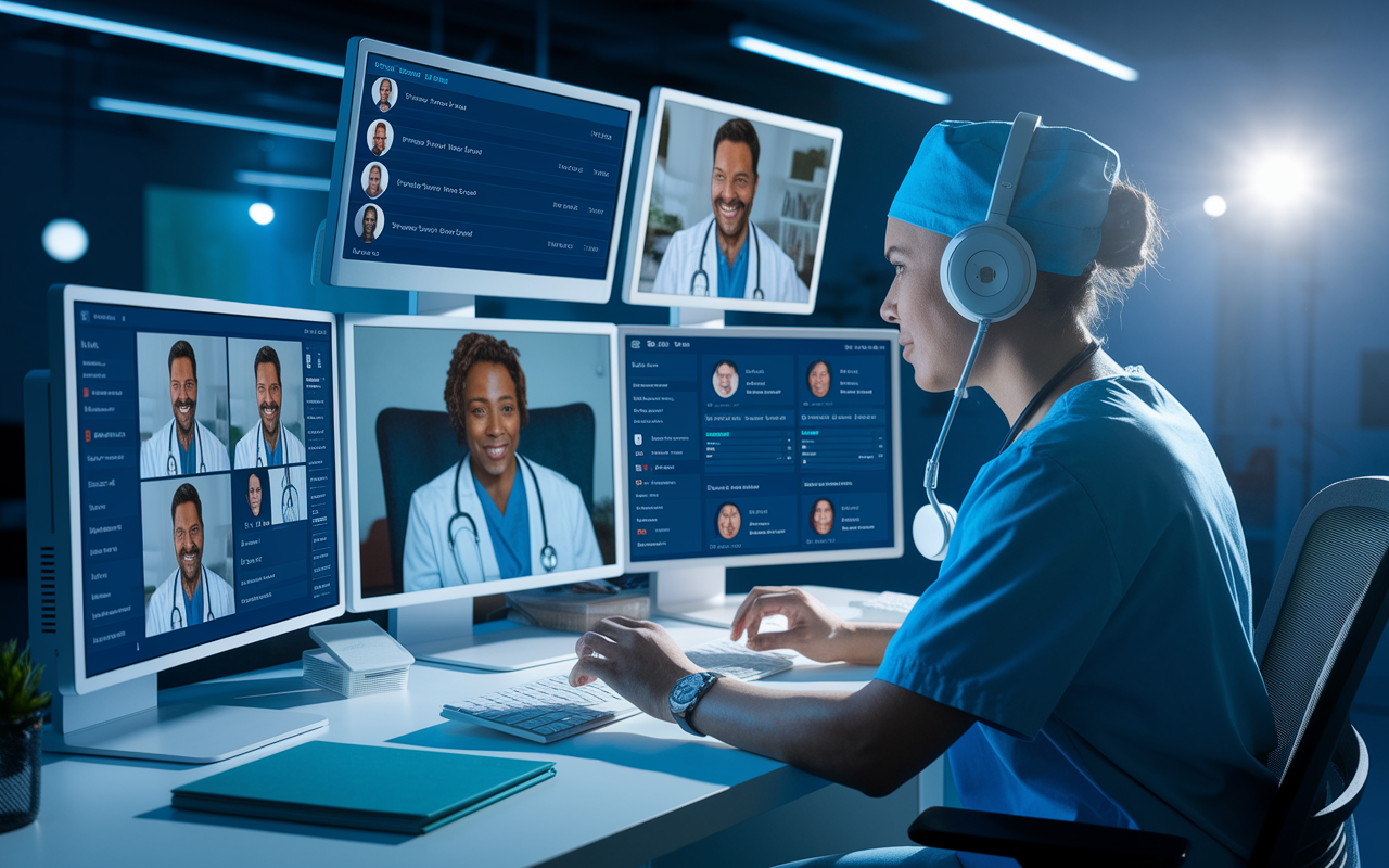 A scene showcasing a healthcare professional efficiently managing multiple patient interactions on a digital telemedicine platform. The setting includes a sleek workstation with multiple screens displaying patient profiles and video calls. The healthcare worker displays focused concentration while engaging with one patient through video chat, while swiftly accessing another patient's records on another monitor. Bright, focused lighting creates an energetic and efficient atmosphere.