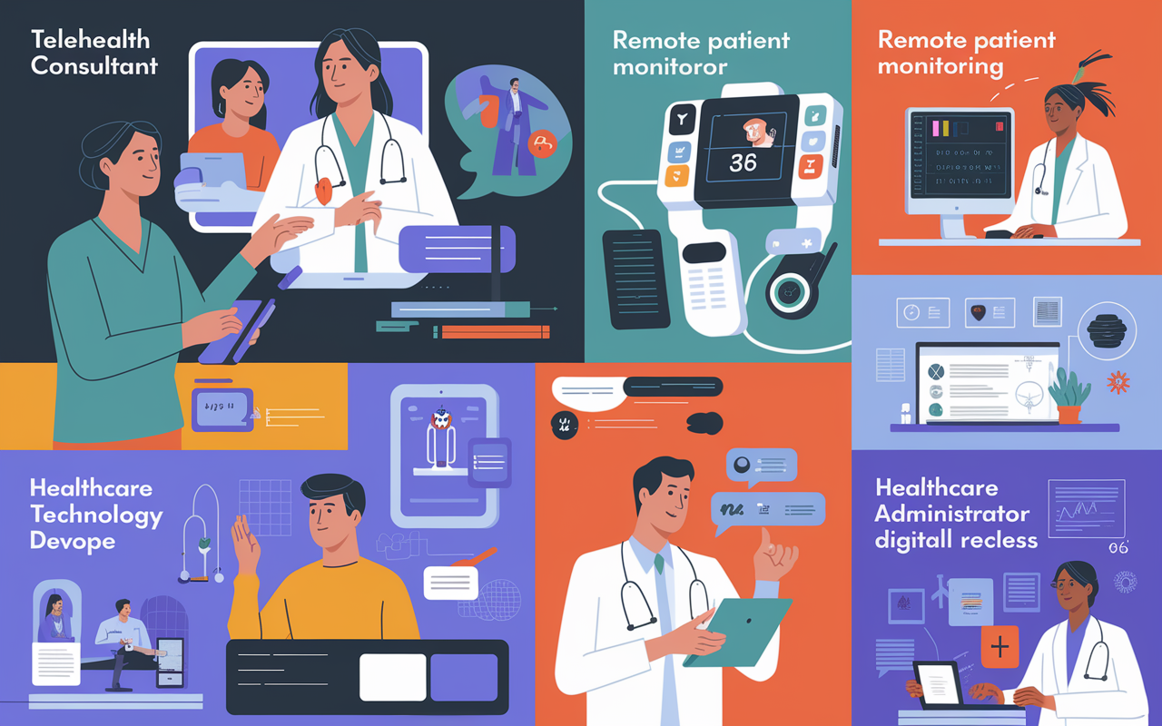 A collage of various telemedicine career opportunities displayed in a visually appealing manner. Illustrations of a telehealth consultant speaking with a patient on a video call, a remote patient monitoring setup with wearables, a healthcare technology developer designing apps, and a healthcare administrator organizing digital records. Each vignette should be colorful and dynamic, representing the diverse roles in the telemedicine field.