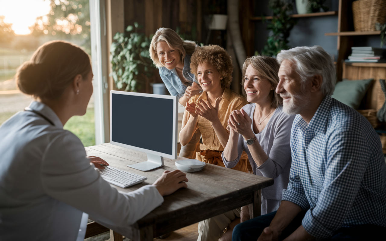 A heartwarming scene depicting a healthcare professional providing telemedicine services to a family in a rural setting. The room is rustic, with the family gathered around a computer during a video consultation, expressing relief and hope. The backdrop includes elements of nature, emphasizing accessibility despite geographical barriers. Soft, golden hour lighting for a warm and inviting atmosphere.