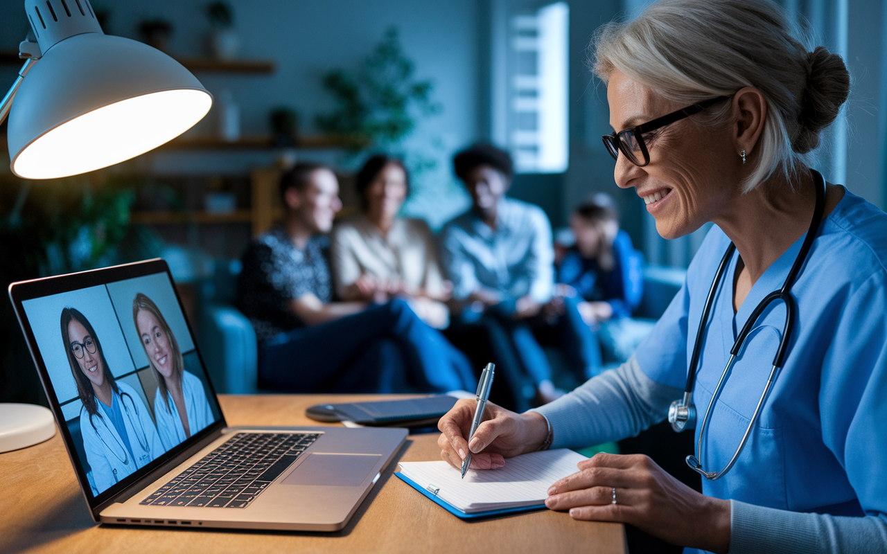 An engaged healthcare professional conducting a telemedicine consultation via laptop, showing both patient and provider through a video call. The environment is cozy and inviting, with a soft glow from a desk lamp. The healthcare provider, a middle-aged woman with glasses, jots notes on a notepad while listening intently, showcasing active communication. You can see a view of a diverse patient smiling from their home, surrounded by family. The scene emphasizes collaboration and warmth in healthcare.