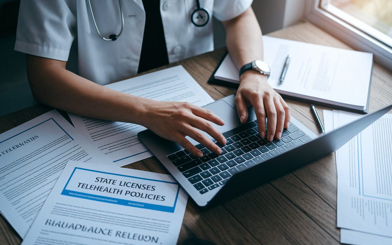 A healthcare professional navigating a complex regulatory landscape on a laptop, surrounded by documents highlighting state licenses, telehealth policies, and compliance regulations. The scene emphasizes stress and concentration as the person studies various legal texts, showcasing the intricacies involved in becoming a telehealth provider. Natural light filters through a window, creating a balance of anxiety and determination in the atmosphere.