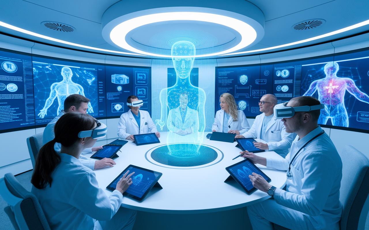 A futuristic healthcare workspace with a diverse group of healthcare professionals collaborating around advanced telemedicine technology, including virtual reality headsets and holographic patient profiles. A bright, modern environment equipped with high-tech devices, encouraging teamwork and innovation. The practitioners are actively discussing ideas over digital tablets and large screens displaying patient data in real-time. The atmosphere showcases excitement and determination in advancing telehealth.