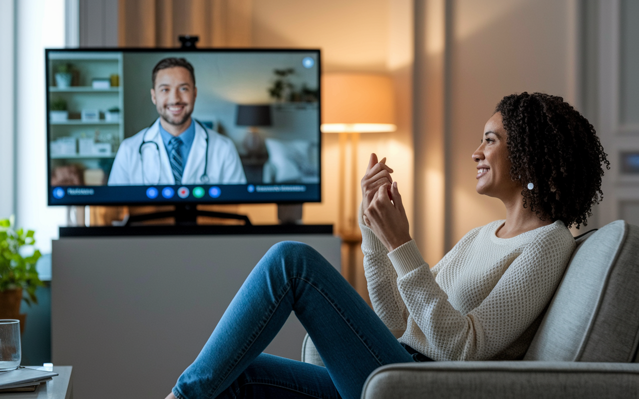 A screenshot depicting a virtual consultation on Teladoc, with a doctor on-screen giving medical advice to a patient sitting comfortably at home, showcasing a warm atmosphere with homey decor. The screen displays clear communication tools, emphasizing the ease of access to healthcare. The mood is positive and reassuring.