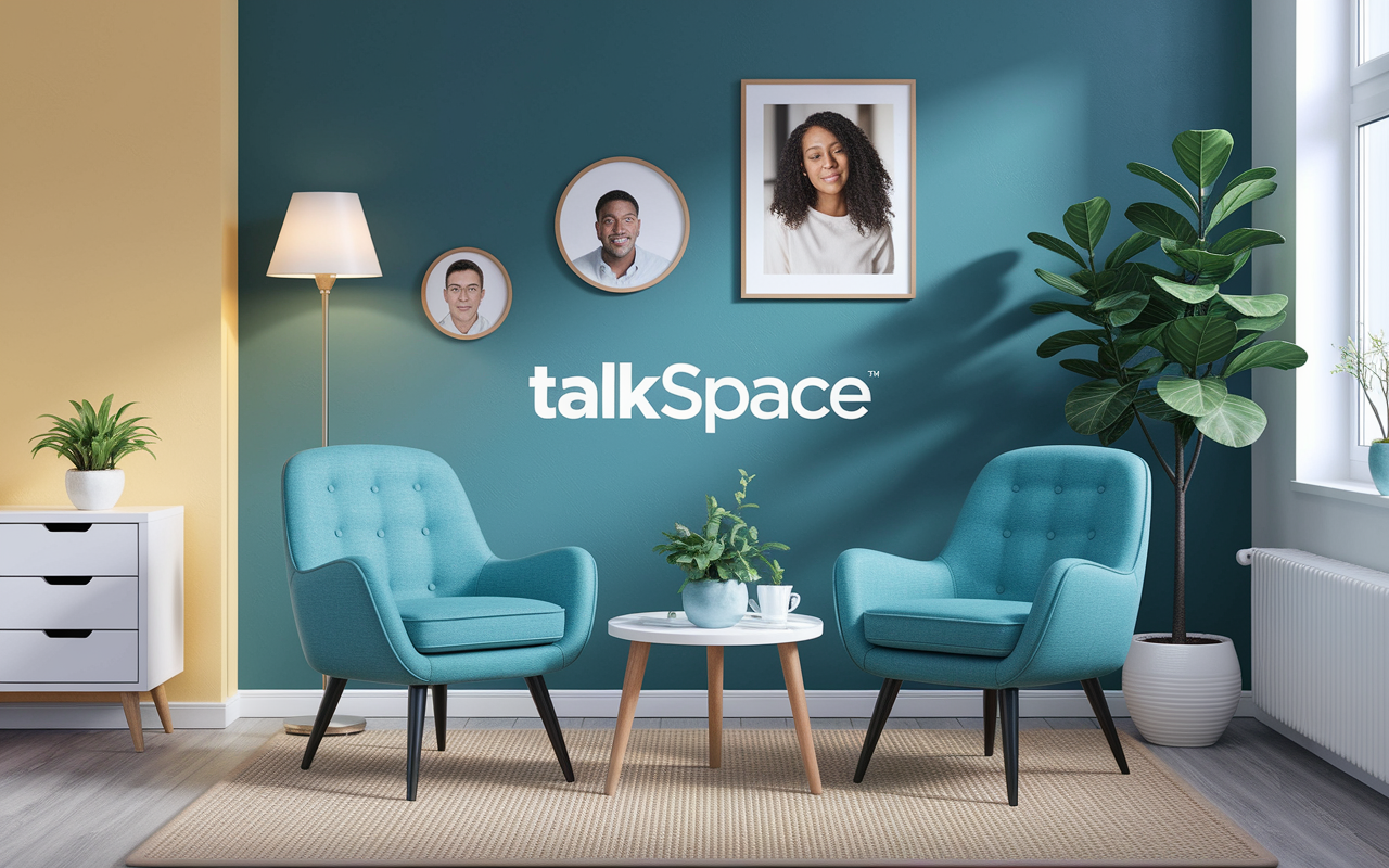 An inviting setup of the Talkspace app, where clients can communicate with licensed therapists via text, audio, and video. The scene includes a relaxed environment accentuating mental health support through technology, with gentle, calming colors.