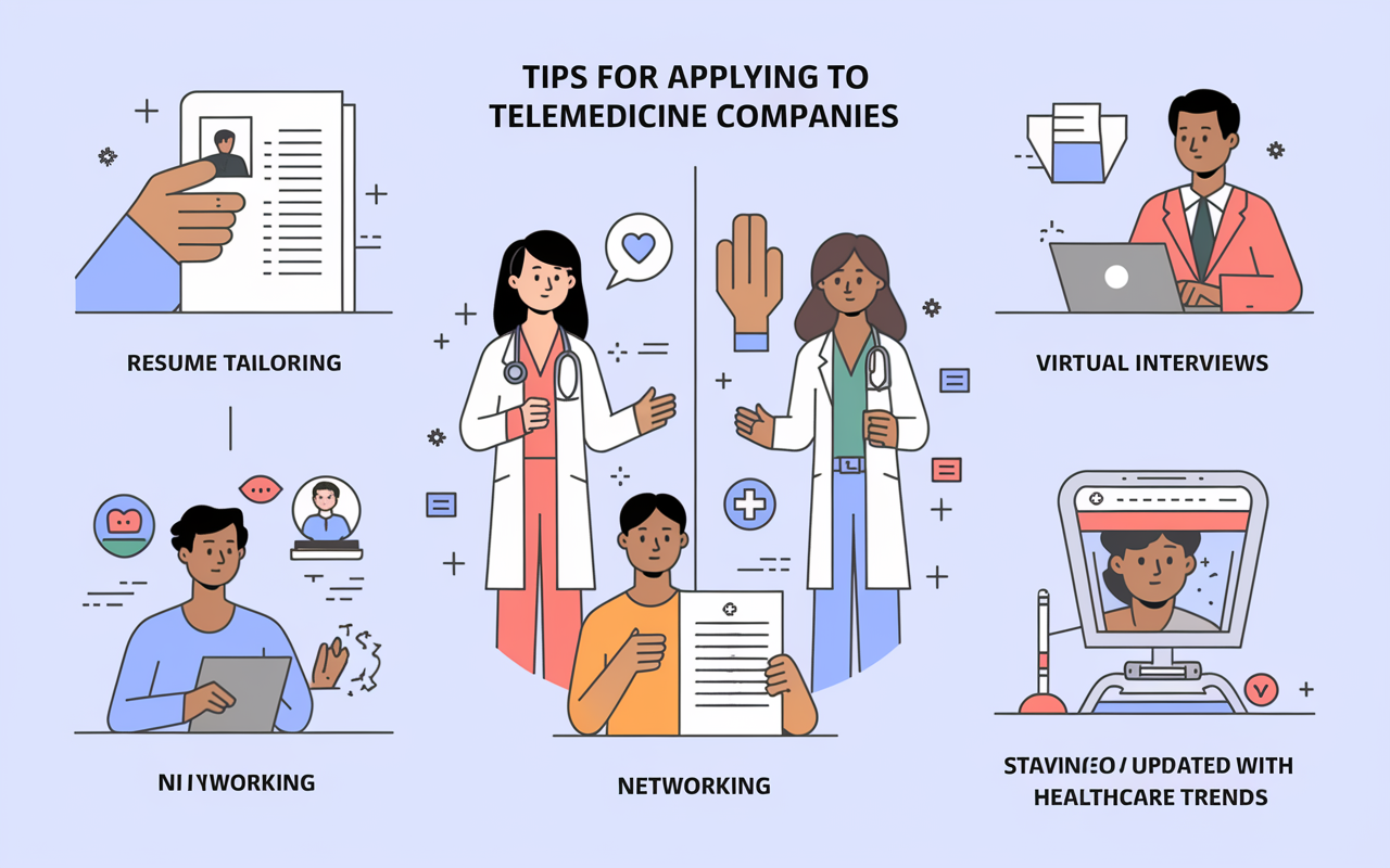 A visually appealing infographic illustrating tips for applying to telemedicine companies, featuring icons for resume tailoring, virtual interviews, networking, and staying updated with healthcare trends. Soft colors and clear design convey helpful information in a concise manner.